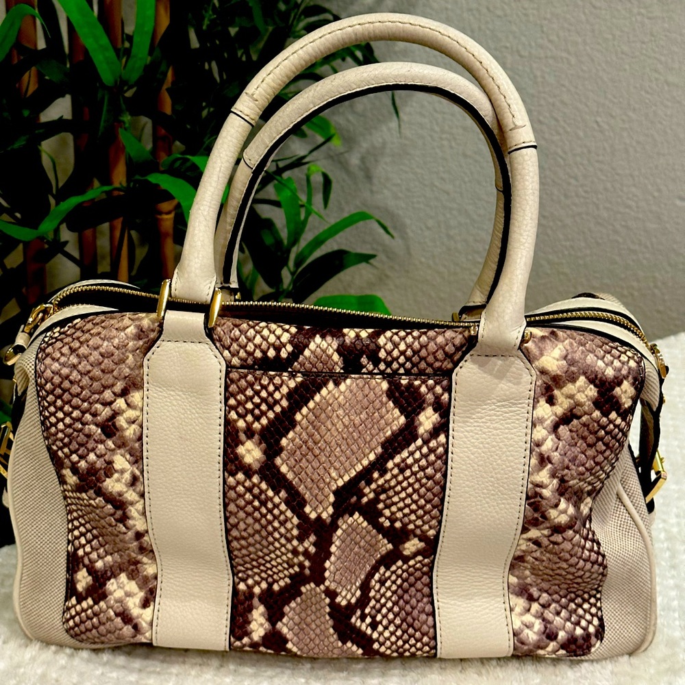 Cream and Brown Python-Print Satchel Bag